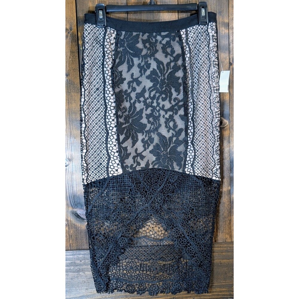Lulumari Black Floral Lace Overlay Pencil Midi Skirt Womens Medium High Waist